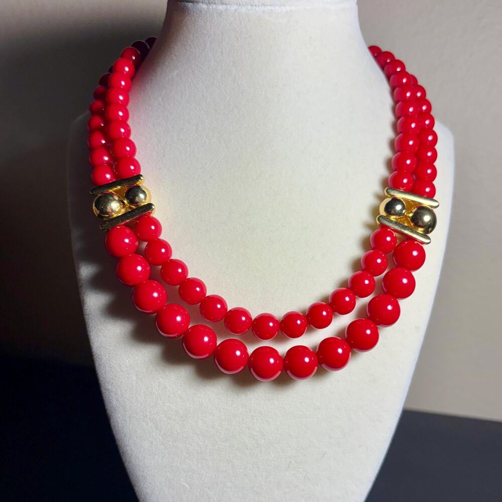 Bold Red Double Strand Beaded Necklace Napier Signed Gold Tone Statement Piece